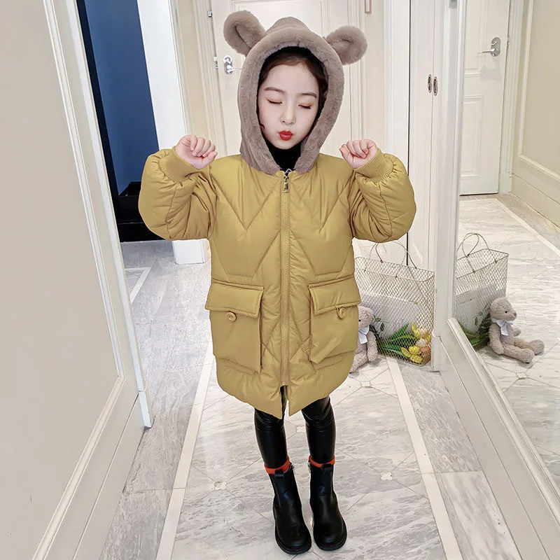 4-12 Year Girls Coat Plus Velvet Warm Winter Jacket For Girls Fashion Long Parkas Snowsuit Cute Bear Hooded Children\'s Outerwear