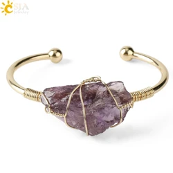 CSJA Natural Stone Bangles Cuff Copper Bracelets for Women Gold-Color Wire Wrap Irregular Crystal Quartz Girls Kids Jewelry G327