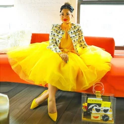 Lovely Candy Yellow Tulle Skirt High Waist Mid-Calf Tiered Tulle Colorful Women Skirts Fashion Maxi Skirt Saia Longa Faldas