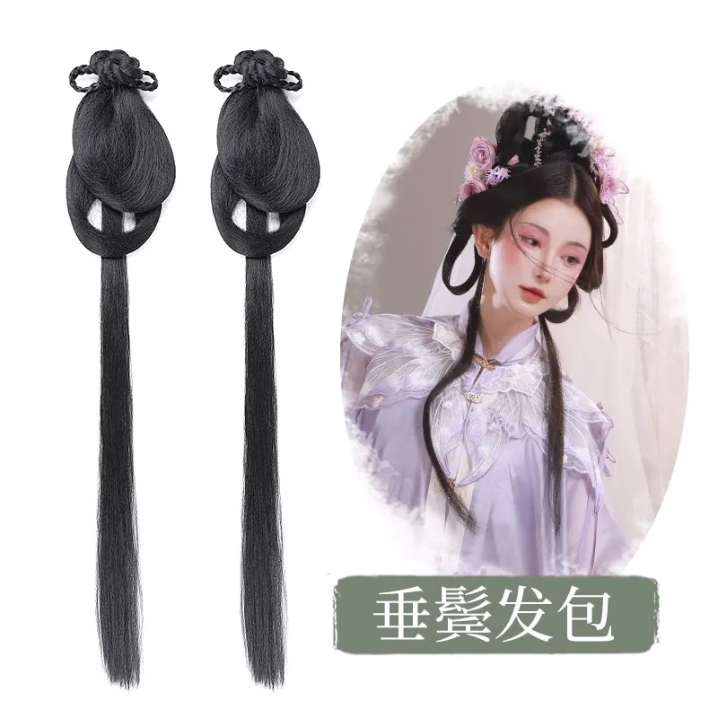 Multiple Designs Ancient Chinese Maid Princess Side Hair Wigs Straight Black Daily Soft Braids for Performance Drama Cosplay