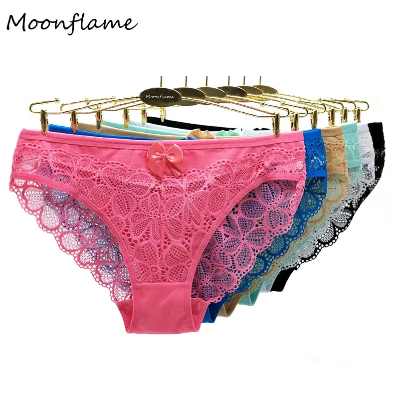 

Moonflame 5 pcs/lot Lace Underwear Lady Briefs 2023 New Arrival Sexy Cotton Women Solid Color Panties