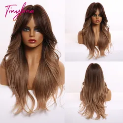 TINY LANA Middle Synthetic Point Natural Wavy Wigs with Bangs Gradient Brown to Golden with Highlight For women Heat Resistant