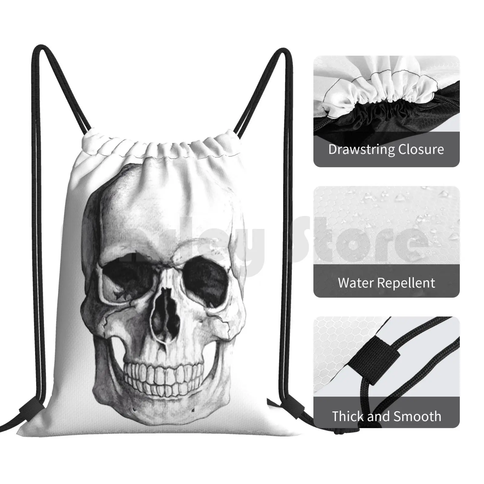 Skull Backpack Drawstring Bag Riding Climbing Gym Bag Skull All Time Low Tumblr Grunge Death Punk Soft Grunge Pencil Sketch