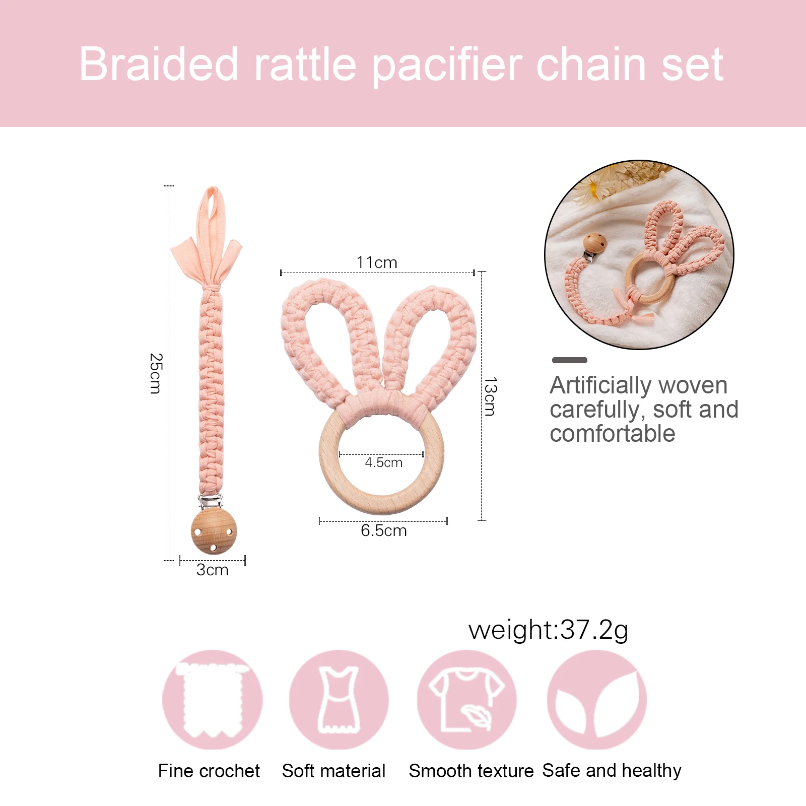 2PC Bed Bell Baby Toys Teether Wooden Rabbit Rattles Pacifier Chain Mobile Pram Personalize Chewable Beech Musical Newborn Toys