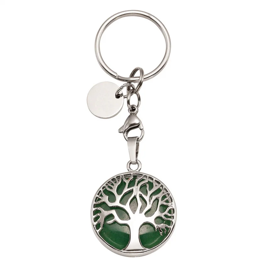 

FYJS Unique Silver Plated Tree of Life Circle Lobster Clasp Round Key Chain Original Green Aventurine Jewelry