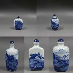 Chinese Blue and White Porcelain Qing Dynasty Kangxi Landscape Design Snuff Bottle Antique Imitation Porcelain Small Decorations