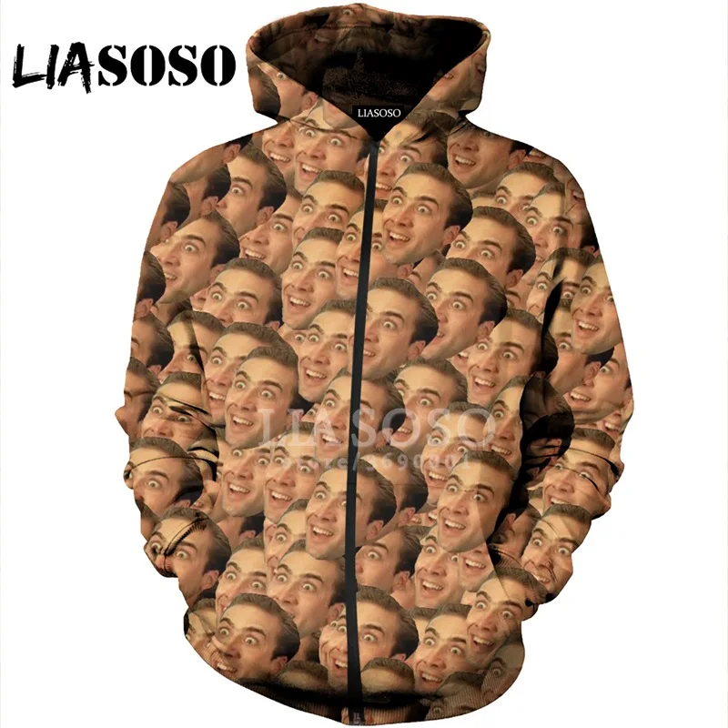 LIASOSO 3D Print Women Men Hooded pullover Nicolas Cage Face Hoodies Sweatshirts Zipper Jacket Hip Hop Casual TOPS X1392