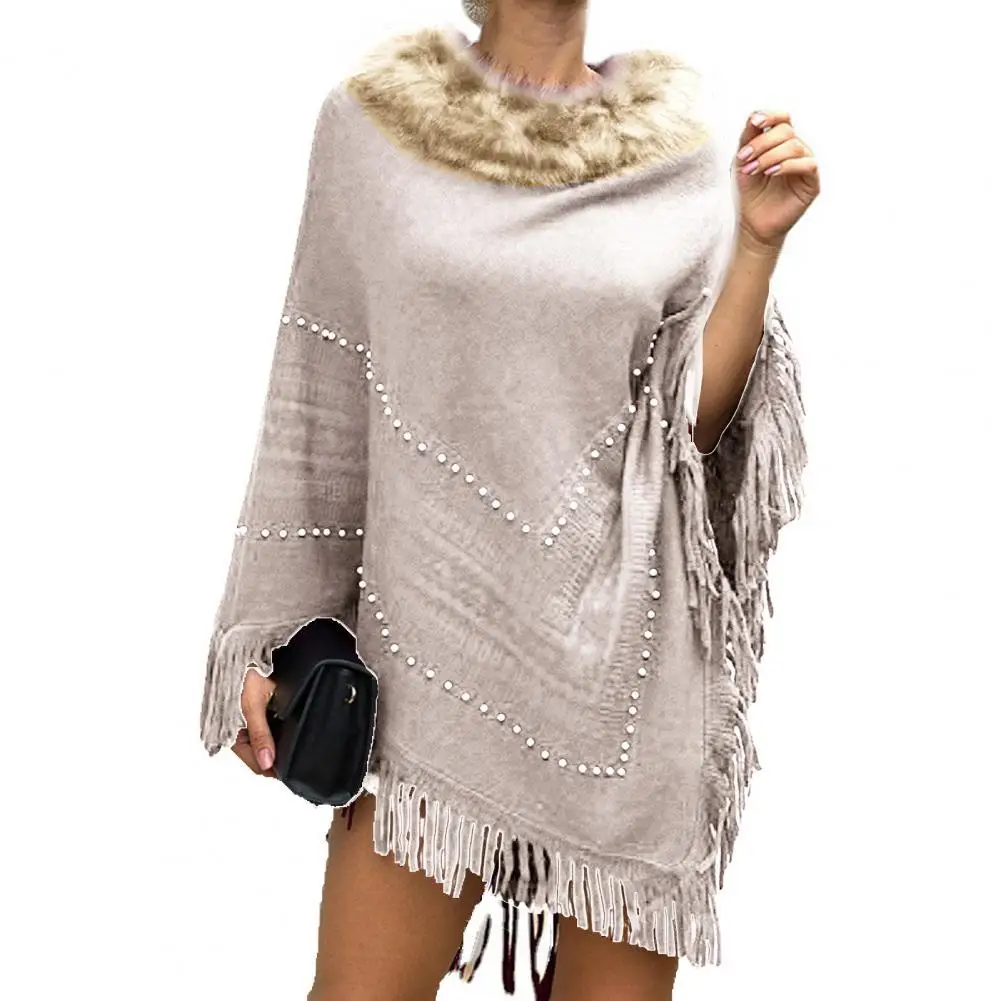 

Women Cape Coat Knitted Tassel Thick Plush Collar Cloak Coat Sweater Ponchos Autumn Winter