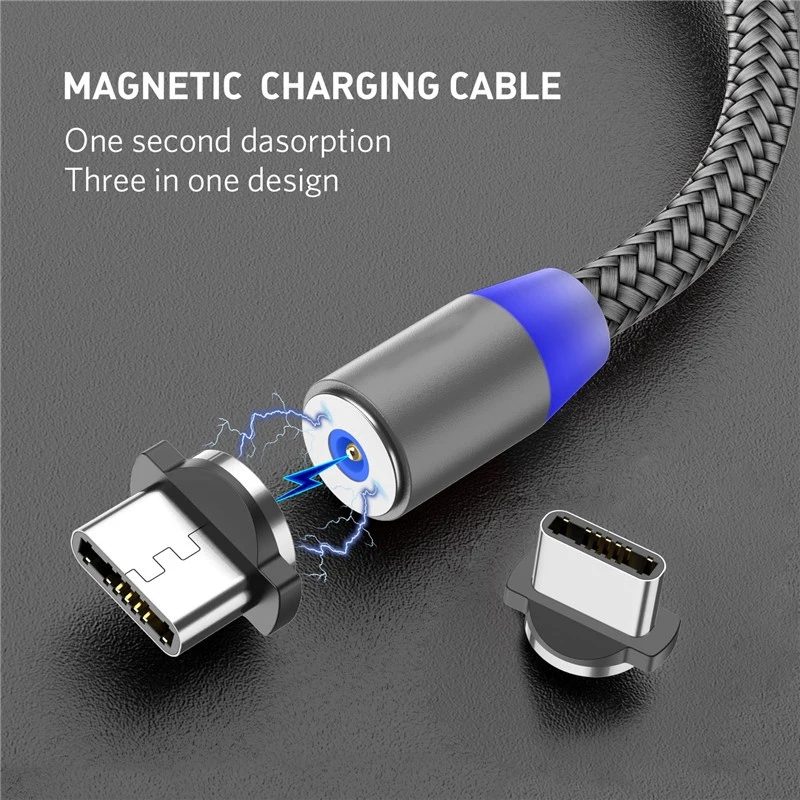 Magnetic Mobile Phone Fast Charger Cable 3 IN 1 Phone Charging Wire Type-C Micro USB Nylon Charger 1M For Iphone Samsung Huawei