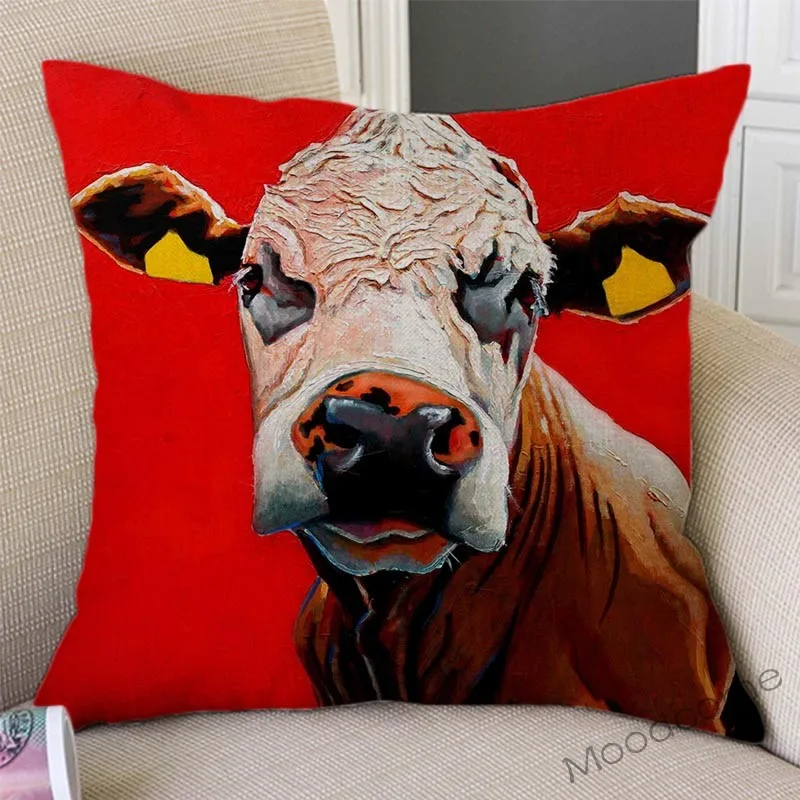 Cute Milk Cow Red Oil Painting Home Decorative Art Pillow Case Farm Livestock Animal Bull Kids Gift Cotton Linen Cushion Cover