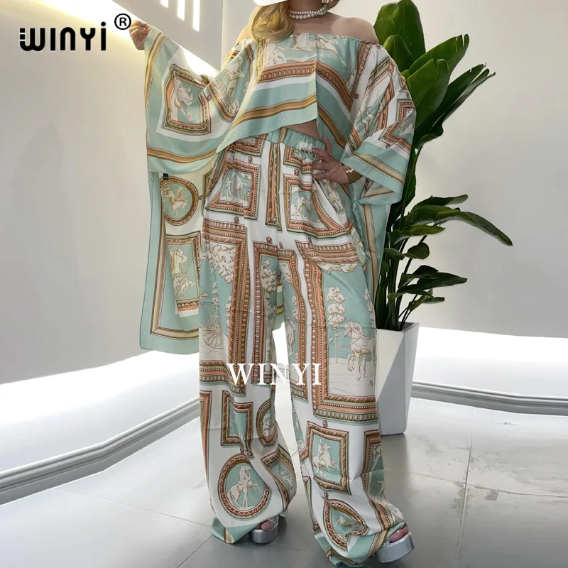 2021 WINYI creative two-piece jacket and trousers summer printing oversized bat sleeves women\'s stretch twill silk floor length