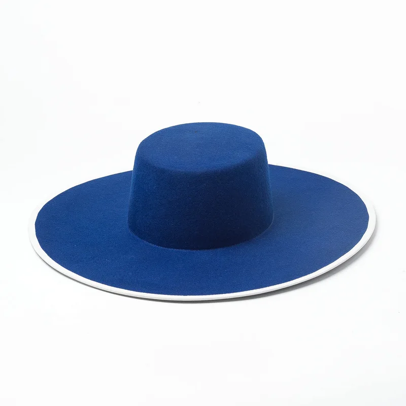 New Blue Real Wool Flat Fedora Hat Men Wome Solid color Big Wide Brim Felt Hat Derby Party Church Hat Adjustable Panama Jazz Hat