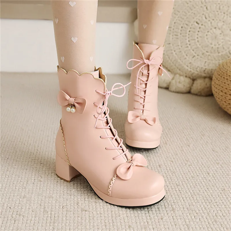 YQBTDL Pearl Platform Sweety Womens Ankle Boots Cosplay Girl Lolita Shoes 2024 Autumn Winter High Heel Bow Shorty Botas Size 43