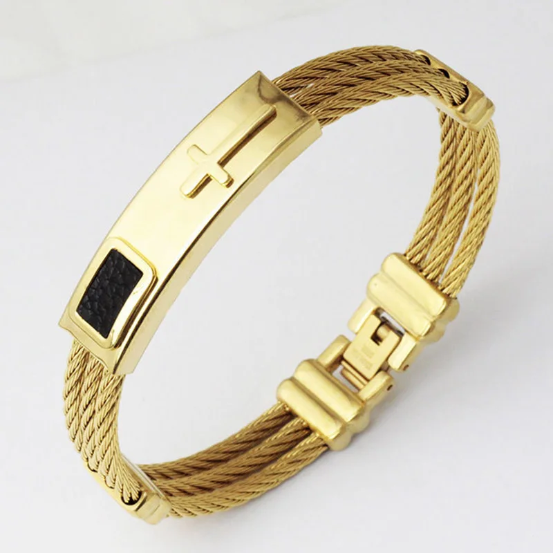 New Hot Men 3 Rows Wire Chain Bracelet Bangle Punk Stainless Steel Cross Bracelets Jewelry Gifts SMR88