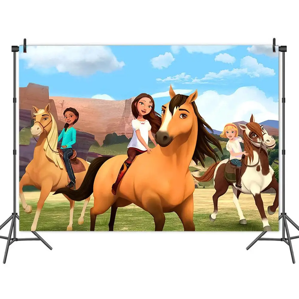 

Cartoon Pony Girl Spirit Riding Happy Party Backdrop Photography Photo Children Birthday Table Decoration Pictorial Background