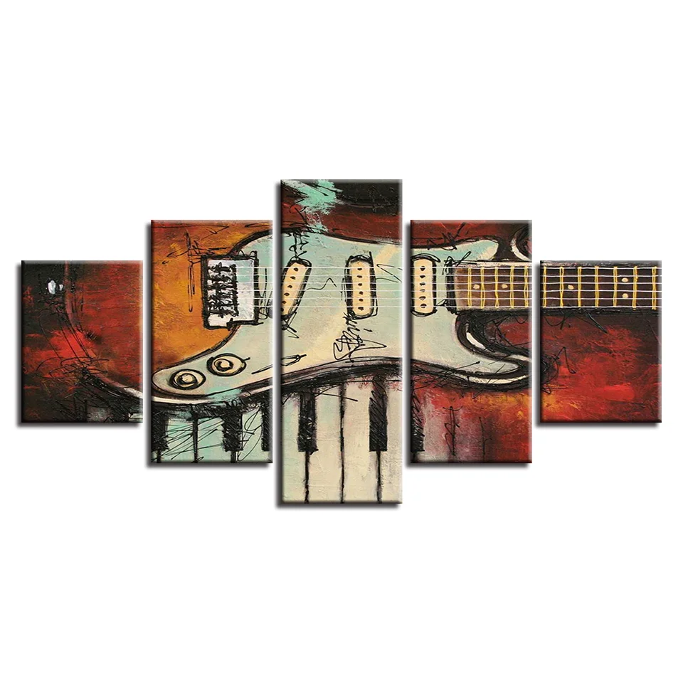 Canvas Paintings 5 Pieces Musical Instruments Guitar And Piano Keys Pictures Canvas HD Prints Art Posters Frame Home Room Decor