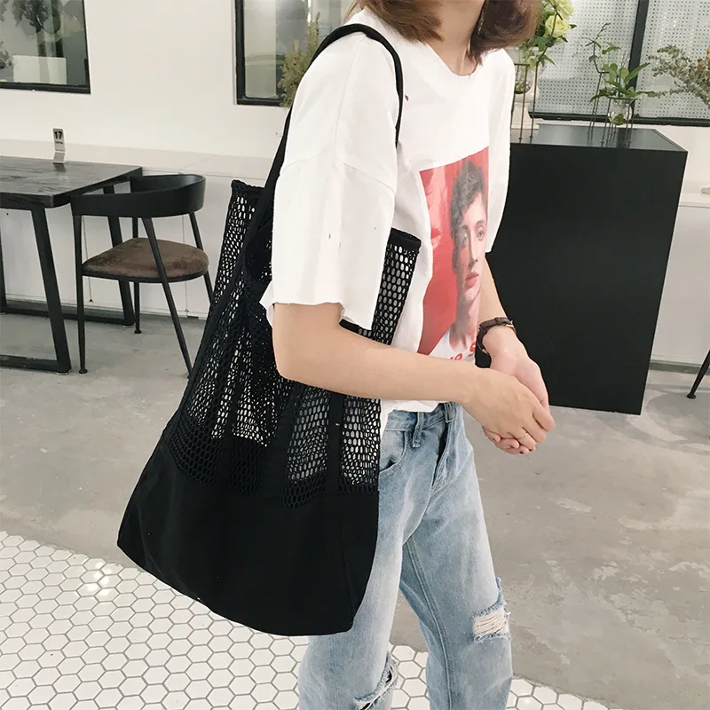 

Black women big bag canvas shoulder bag portable mesh hollow beach bag wholesale shopping bag foldable reusable bag