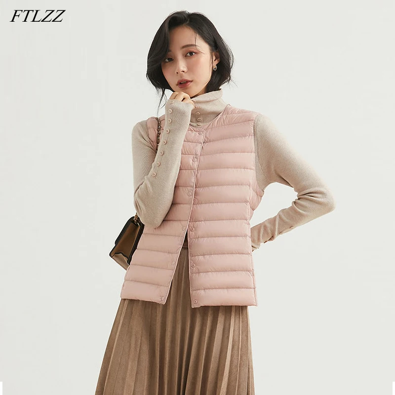 FTLZZ invierno Ultra luz Chaleco Corto las mujeres chaqueta de pato blanco abajo cálido sin mangas capa sólida rutina Slim Underwaist de prendas de