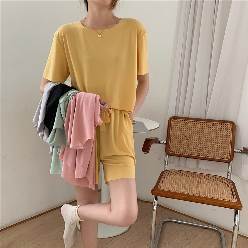 Summer Casual 2 Piece Women Set  Short Sleeve Tops And Shorts Elastic Waist Soft Cool Lce fabric Two Piece Set Woman Outfits