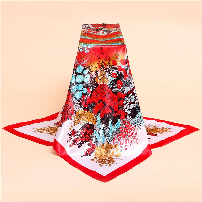 New Fashion 90CM Silk Scarf Square Foulard Lady's Neck Hair Scarves Design Flower Printed Head Kerchief Fashion Girl Hair Scarf