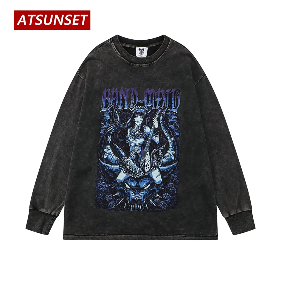 

ATSUNSET Dragon Slaying Girl Print Sweatshirt Autumn Cotton Pullover Hip Hop Street Retro Style Round Neck Hoodie Tops