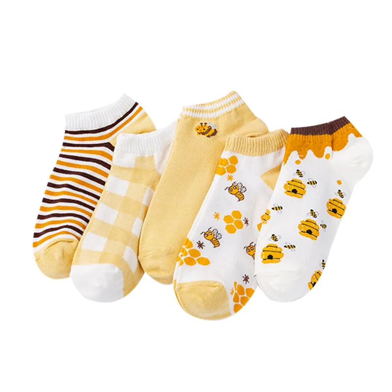 10Pcs=5 Pairs Of Women Short Tube Invisible Cotton Socks Cute Little Bee Pattern Women\'s Socks Spring And Summer Women Socks