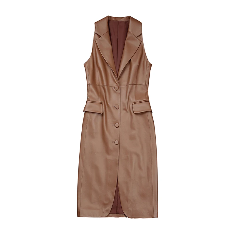 Sleeveless Jackets For Women 2024 New French Style Female Wrap Dress Long Skirt Vest Genuine Leather Caramel Gilet Chaleco Mujer