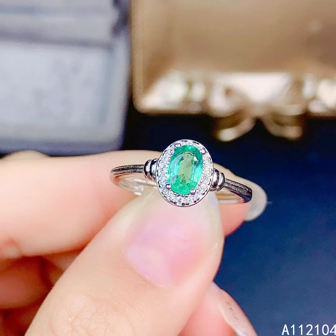 

KJJEAXCMY fine jewelry 925 sterling silver inlaid natural emerald women vintage simple oval adjustable gem ring support detectio