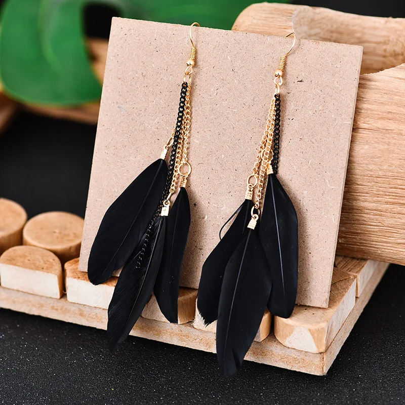 Summer Bohemian Corful Feather Long Earrings Kolczyki Fashion Vintage Women\'s Chain Tassel Dangle  Earrings