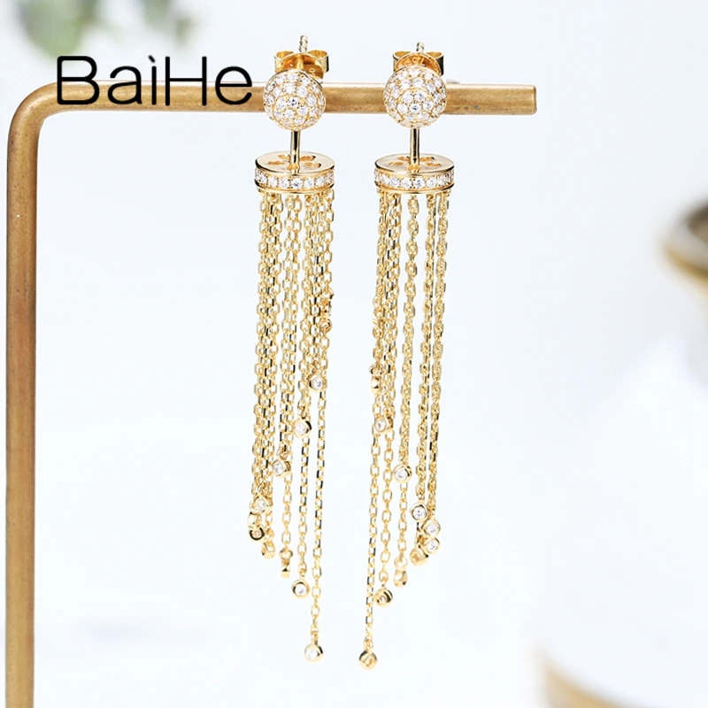 BAIHE Solid 18k Yellow Gold Diamond Tassel Stud Earrings Dual-use Detachable Earrings Women Fine Jewelry タッセルピアス Pendientes borl