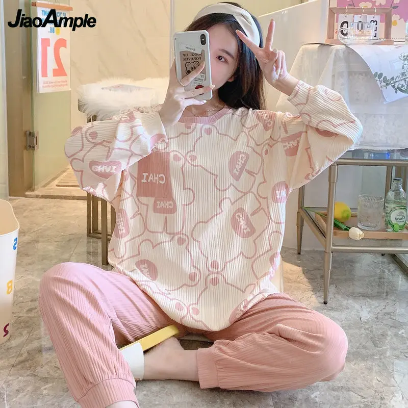 100% Double-sided Cotton Pajamas Women\'s Autumn New Long-sleeved Trousers Pijamas Set Korean Casual Nightie Sleepwear Suit