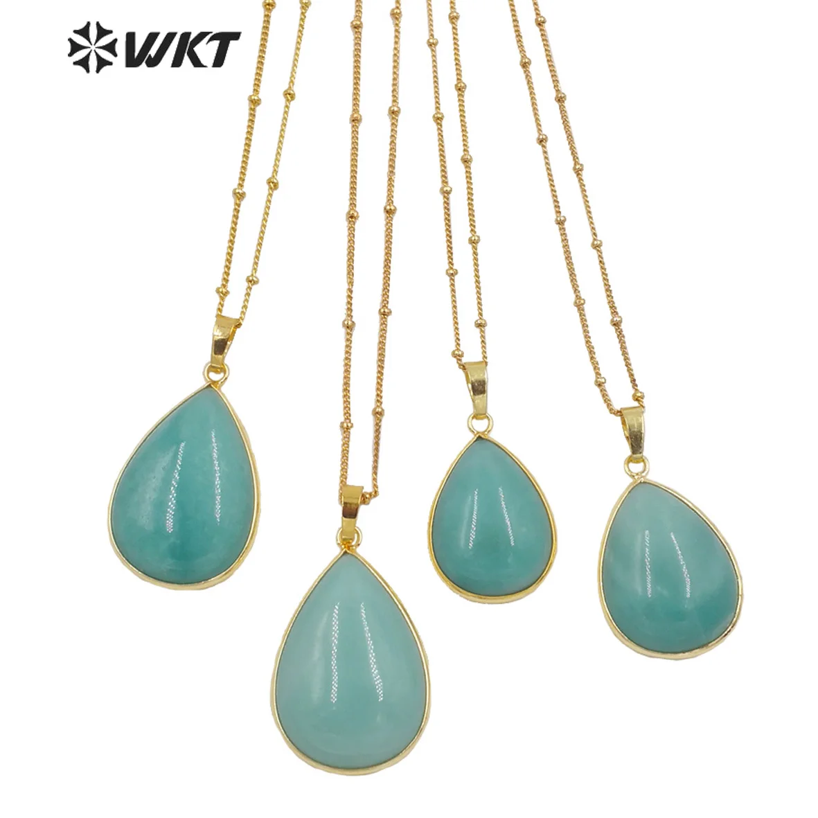 

WT-N1292 Women 18 inch long natural teardrop Amazons stone necklace gold plated bezel pear drop blue Amazons necklace