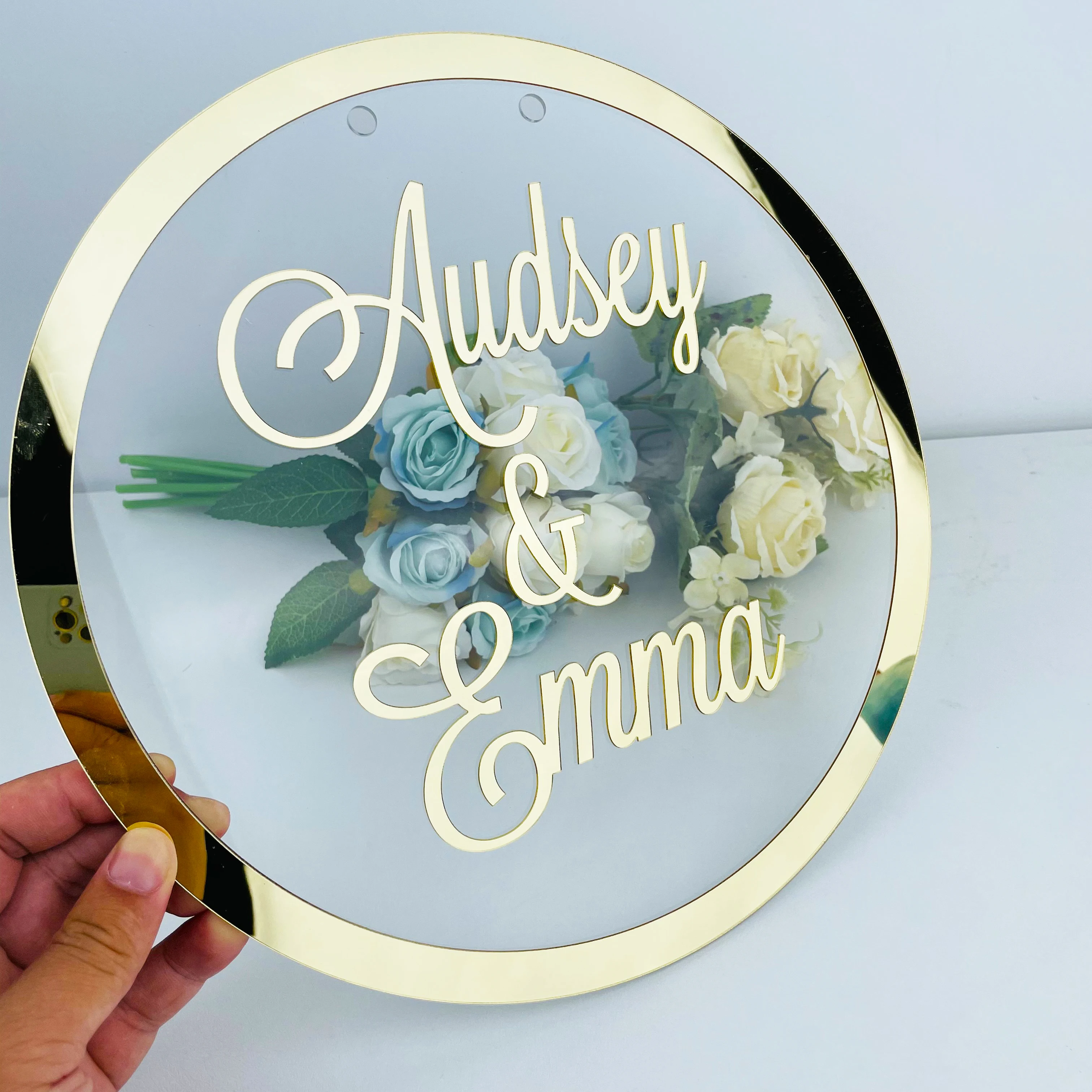 Personalized Bride Groom Name Mirror Frame Transperant Custom Wedding Signage Acrylic Sticker Word Sign Circle Shape Plate Decor