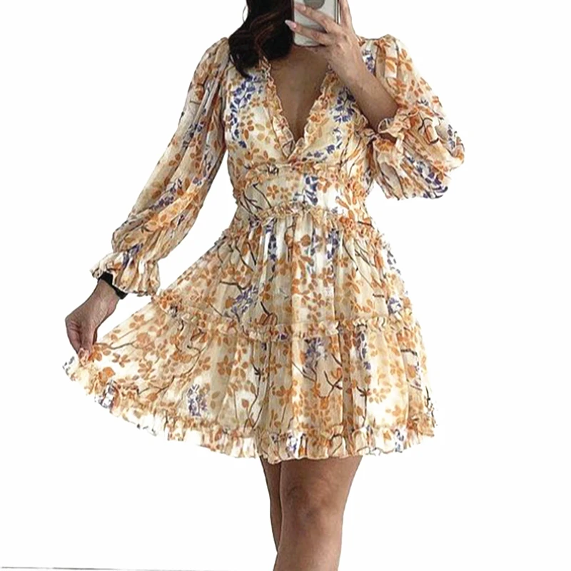 Deep V Neck Tanslucent Sexy Mini Dress, Beige Flare Sleeve, Transparent Back Sashes, A Little Louder Dress, Nude, 2024