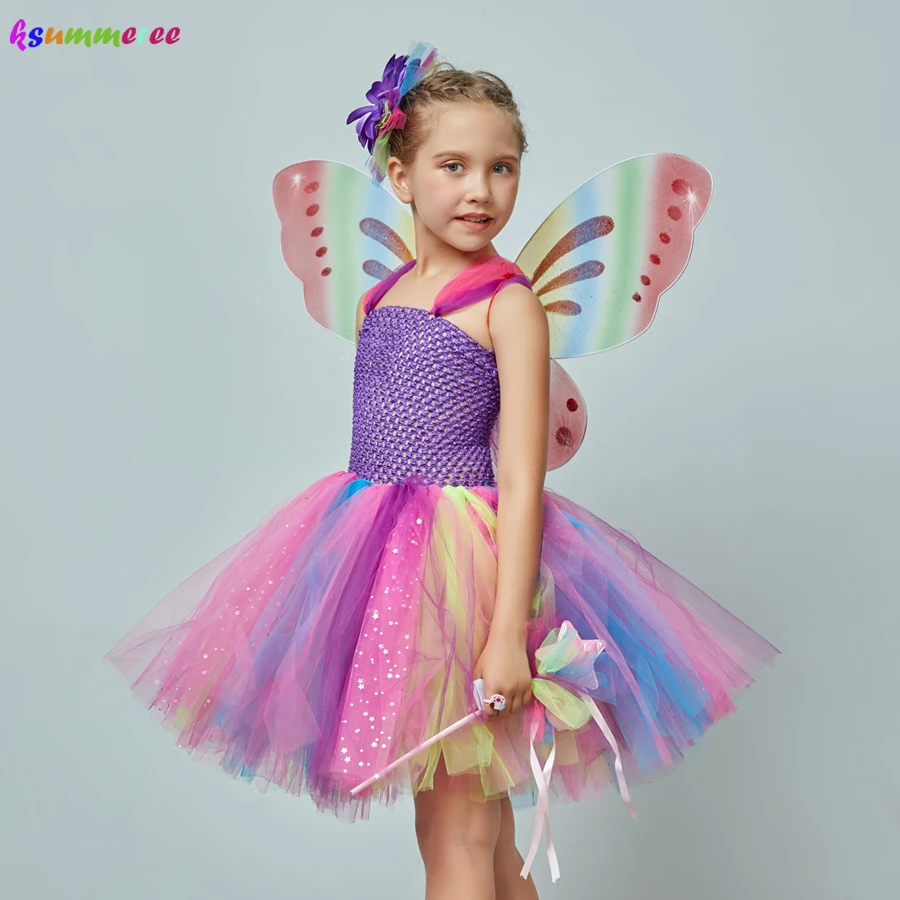 Girls Glitter Tutu Dress with Butterfly Wings & Fairy Wand Kids Rainbow Fairy Party Cosplay Costume Girls Rainbow Tulle Dress image 3