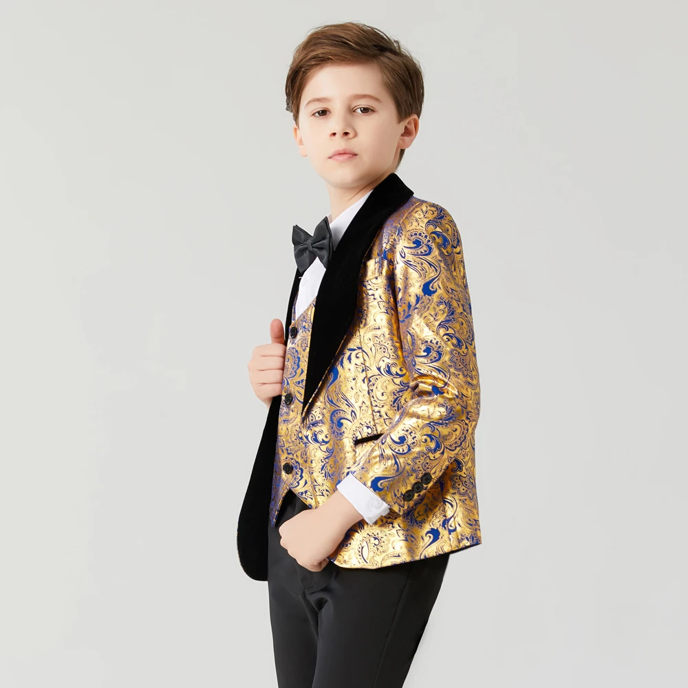 Suit for Boy communion wedding dress for boy kids Costume Children\'s Blue Gold suit Boys\' black collar suit 3PCS   Flower Boys