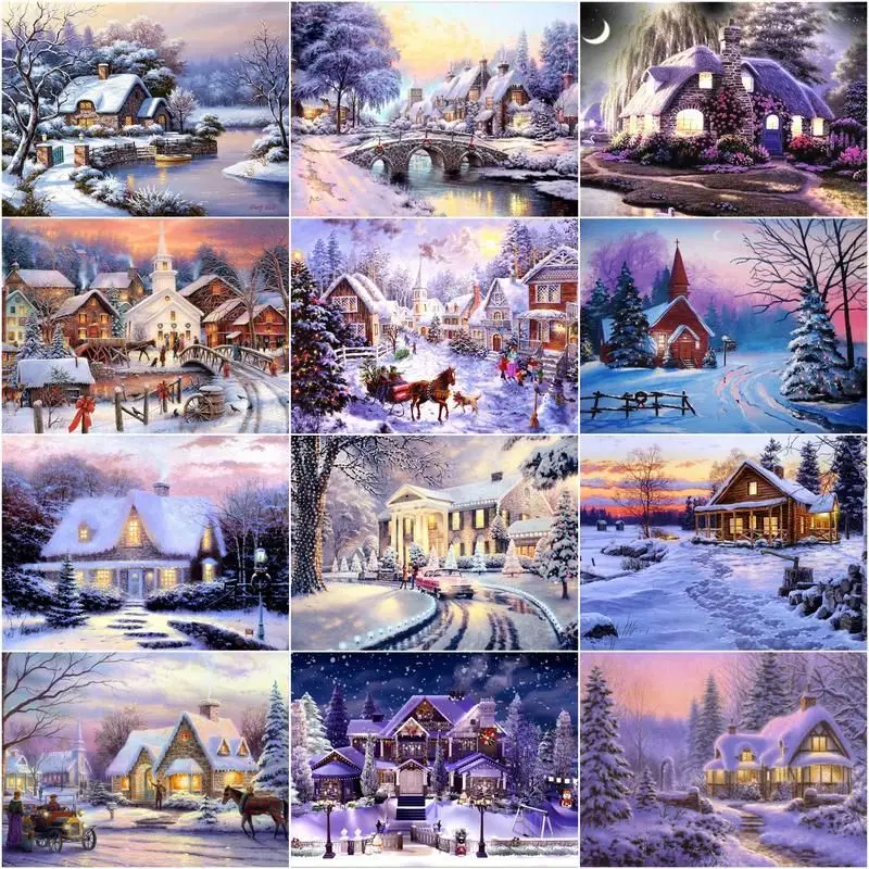 

CHENISTORY Paint By Number Snowhouse Drawing On Canvas Winter Diy Pictures By Numbers Scenery Kits Handpainted Home Decor