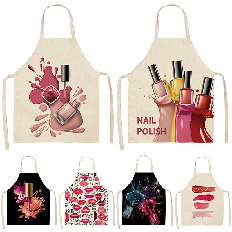 Kitchen Aprons Flower Nail Polish Theme Unisex Dinner Family Party Cooking Bib Funny Pinafore Cleaning Apron For Manicure Store