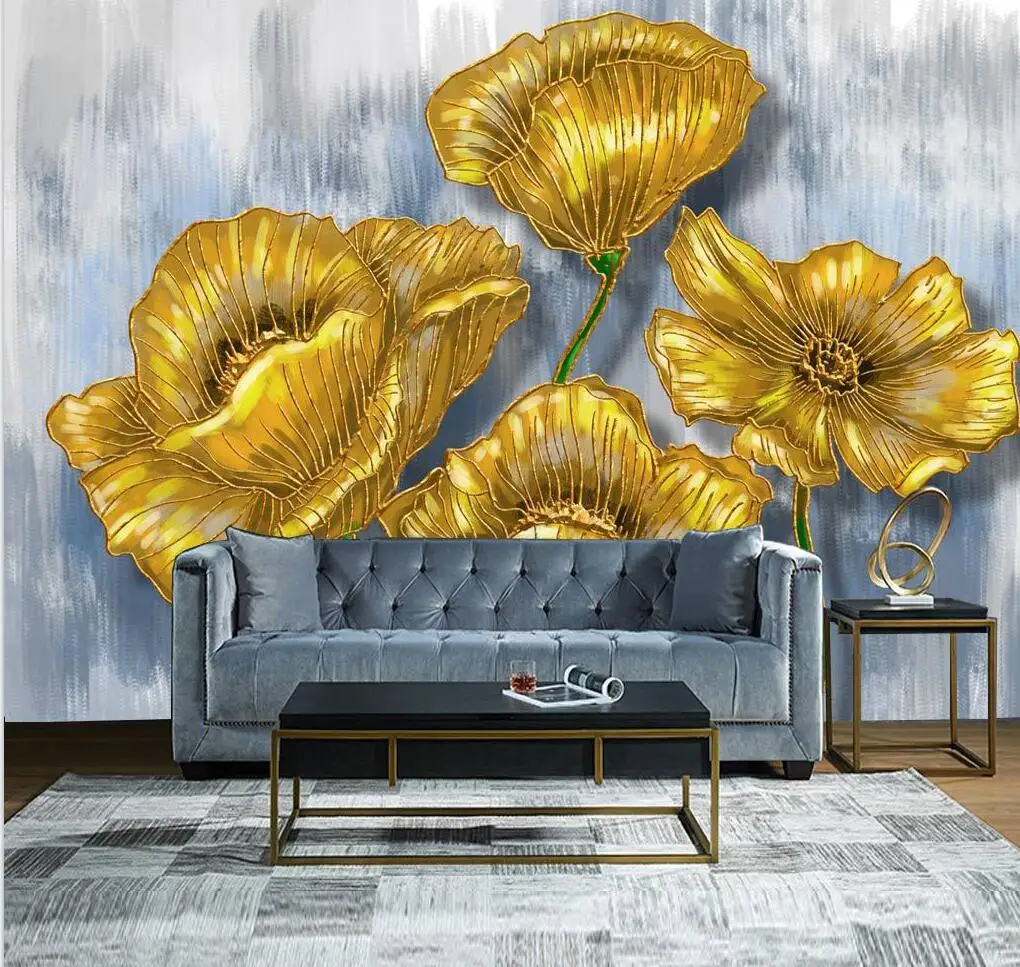 Nordic modern hand-painted gold line abstract golden flower papel tapiz custom size mural home decoration 3d wallpaper