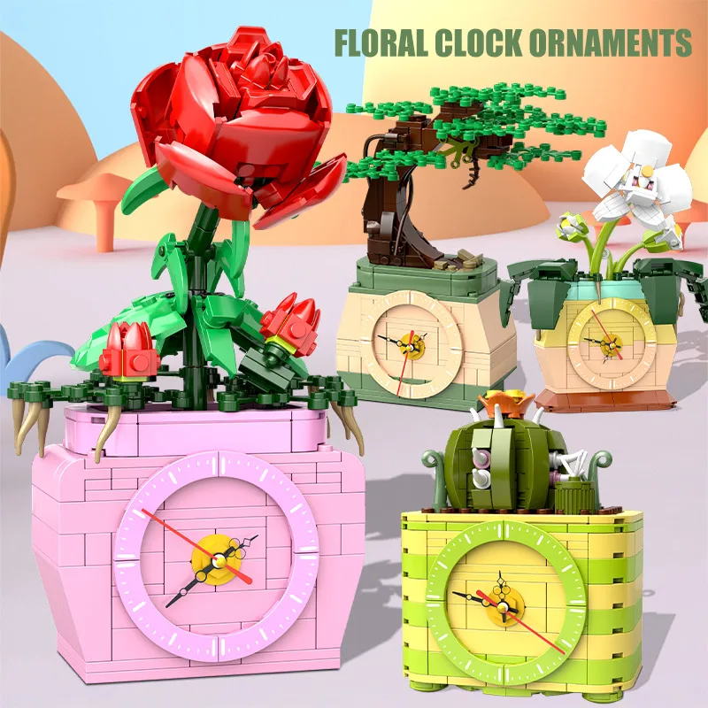 City Rose Orchid Flower Potted Plants Clock Building Blocks Home Decoration DIY Friends Bricks DIY Toys for Kids Girls Gifts