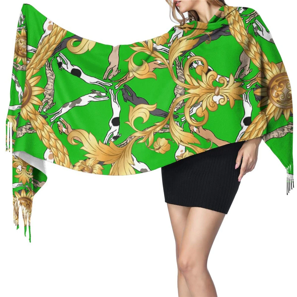 

WHEREISART Golden Floral Scarf Unisex Women Man Winter Pashmina Shawl Green Greyhound Dog Prints Luxury Female Wrap With Fringes