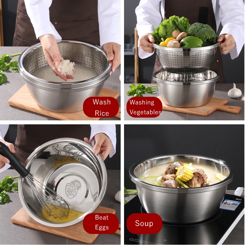 304 Stainless Steel Vegetables Basin Egg Mixing Bowls Rice Sieve Drain Basket Soup Basin Strainer Kitchen Cooking Storage Tools