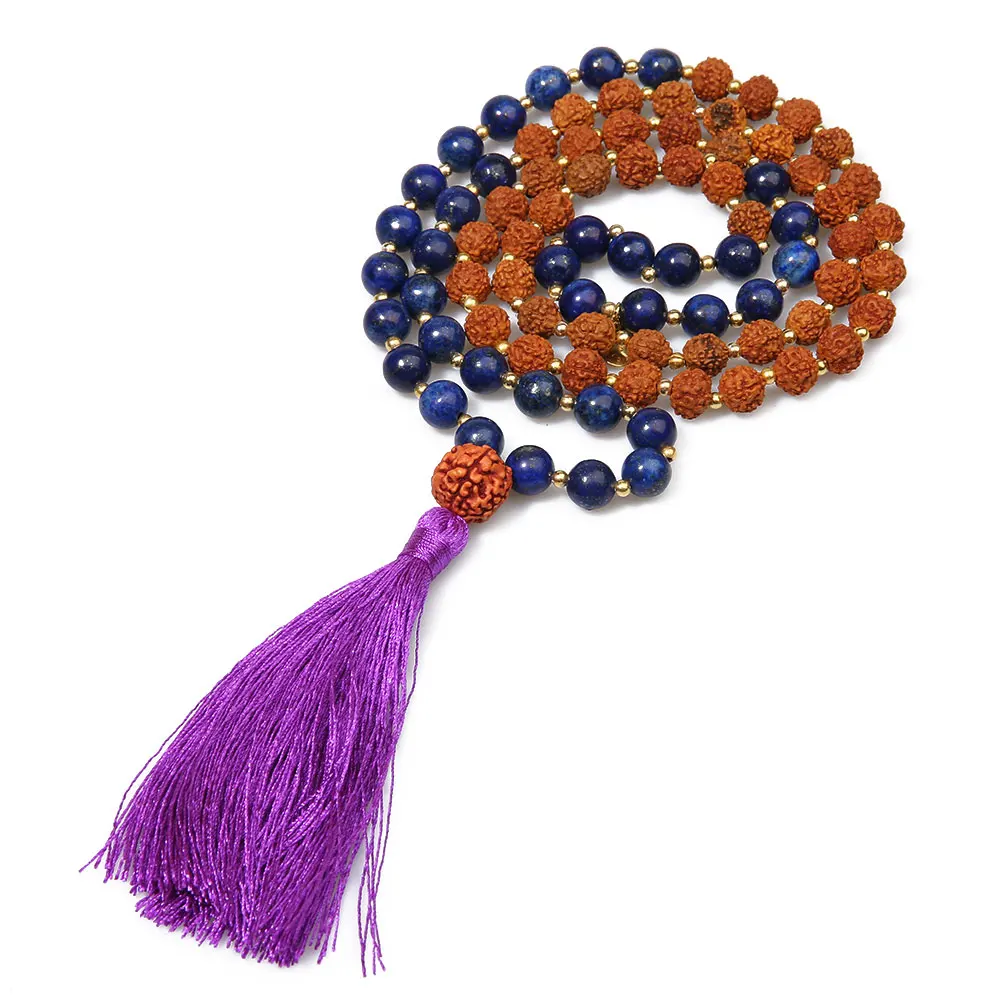 8MM Lapis Lazuli Yellow Tiger Eyes Howlite Rudraksha Beaded Necklace 108 Japa Mala Meditation Yoga Jewelry Prayer Rosary