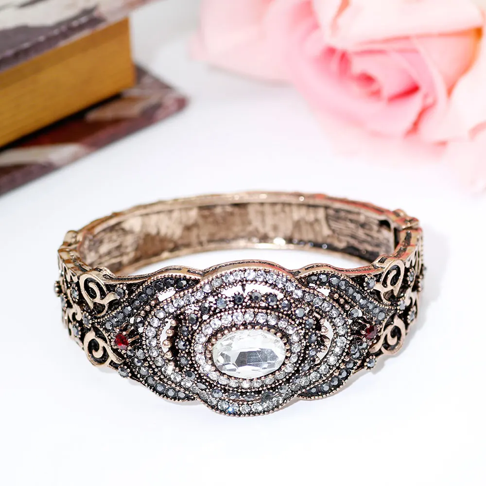 SUNSPICE MS Turkish Gray Crystal Bangles For Women Antique Gold Color Flower Cuff Bracelet Bohemia Ethnic Charm Wrist Jewelry