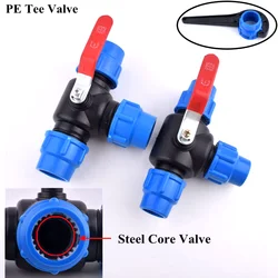 1Pc 25/32/40/50mm PE Tee Ball Valve Quick Water Pipe Connector, Garden Watering Irrigation System 3-Way Water Splitter Joint