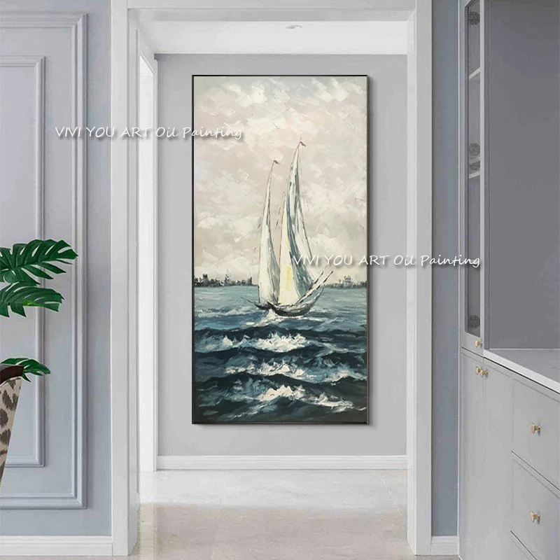 100% Hand painted sailboat on ocean oil painting knife thick canvas handmade large size modern artist home decoration wall art