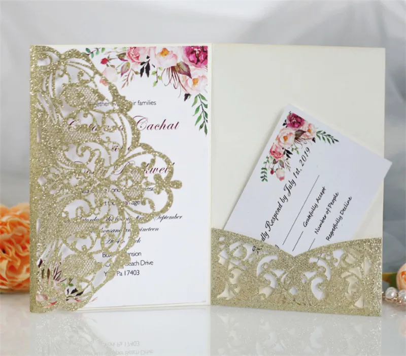 Glitter pocket invitation flower laser wedding marriage cards invitations tri-folding personalized printing 50 sets