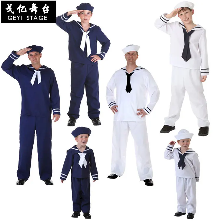 คอสเพลย์ Sailor ชุดบทบาทเล่น Sailor ชุดคลาสสิกสีฟ้าสีขาว Navy ชุดผู้ปกครอง Topi Anak ชุด