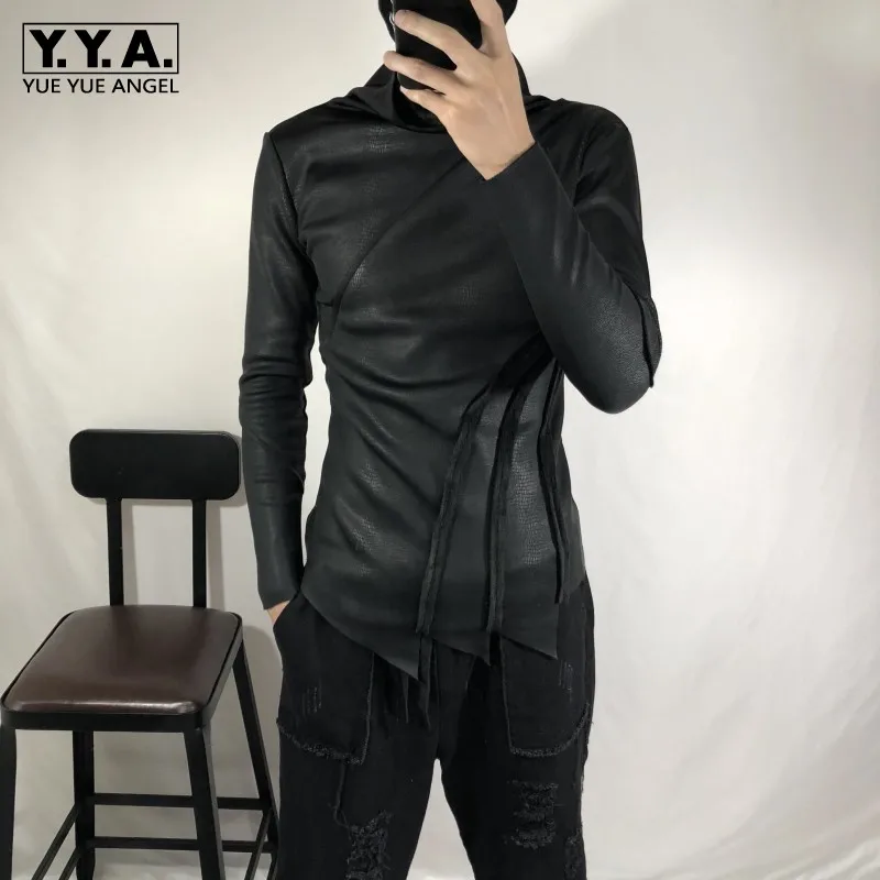 Winter New Men Irregular Thick Long Sleeve T-shirt Personality Turtleneck Slim Fit Tops Street Warm Punk Black T-shirt S-2XL