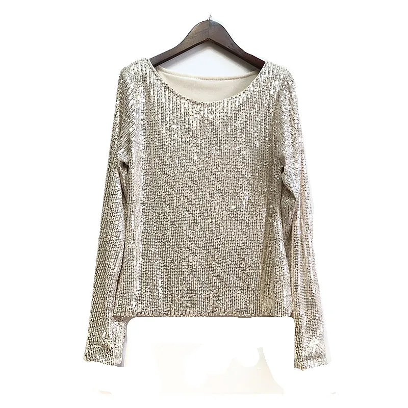 Long Sleeve Women Basic Solid Casual Pullovers Autumn Winter Slim Fit Bling Bling Shiny Women Sequined Tshirts